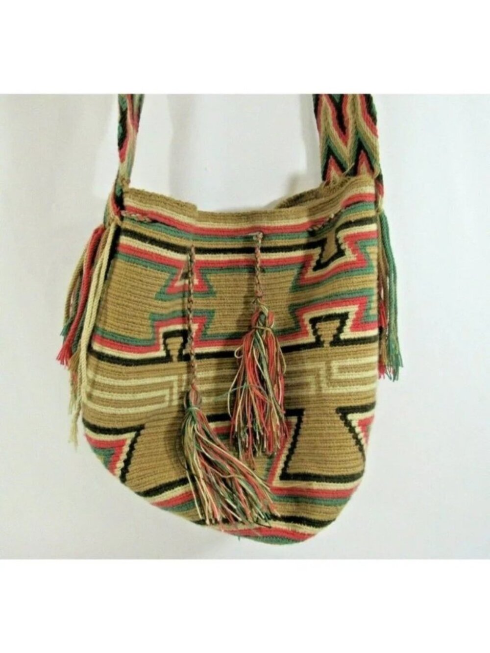 Wayúu Mochila Bag Woven Handbag Bucket with Shoulder Straps Colombian Pink Beige